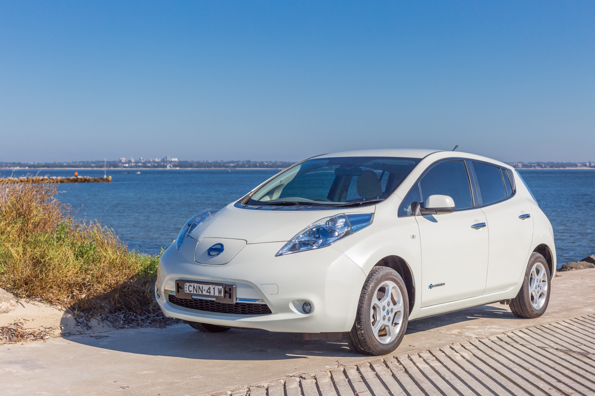 Nissan Leaf in front of a lake